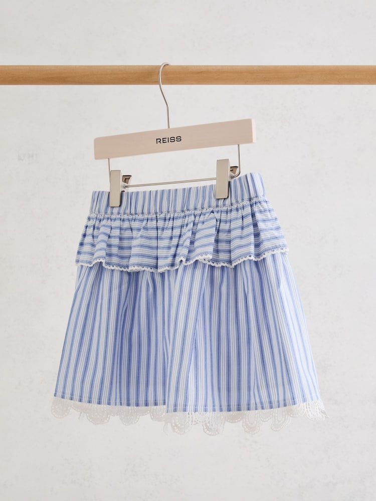Reiss Blue/White Julie Cotton Striped Lace-Trim Skirt - Image 1 of 3