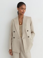 Reiss Neutral Kit Linen Double-Breasted Suit Blazer - Image 5 of 8