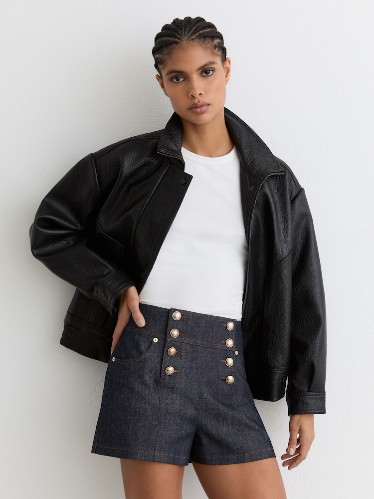 Reiss Dark Blue Skylar Button-Detail Denim Shorts - Image 1 of 6 Reiss Dark Blue Skylar Button-Detail Denim Shorts - Image 1 of 6