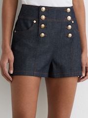Reiss Dark Blue Skylar Button-Detail Denim Shorts - Image 3 of 6