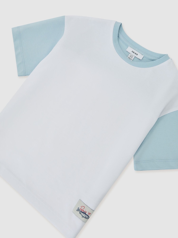Reiss White/Pale Blue Jones Cotton Colour-Block Label T-Shirt - Image 1 of 4