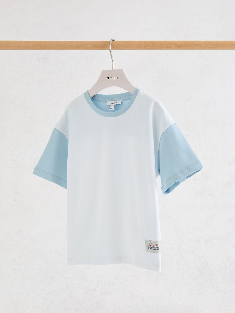 Reiss White/Pale Blue Jones Cotton Colour-Block Label T-Shirt - Image 2 of 4