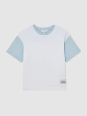 Reiss White/Pale Blue Jones Cotton Colour-Block Label T-Shirt - Image 4 of 4