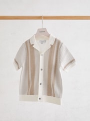 Reiss Off White/Light Camel Victor 13-14 yrs Cotton Textured-Knit Striped Shirt - Image 2 of 3