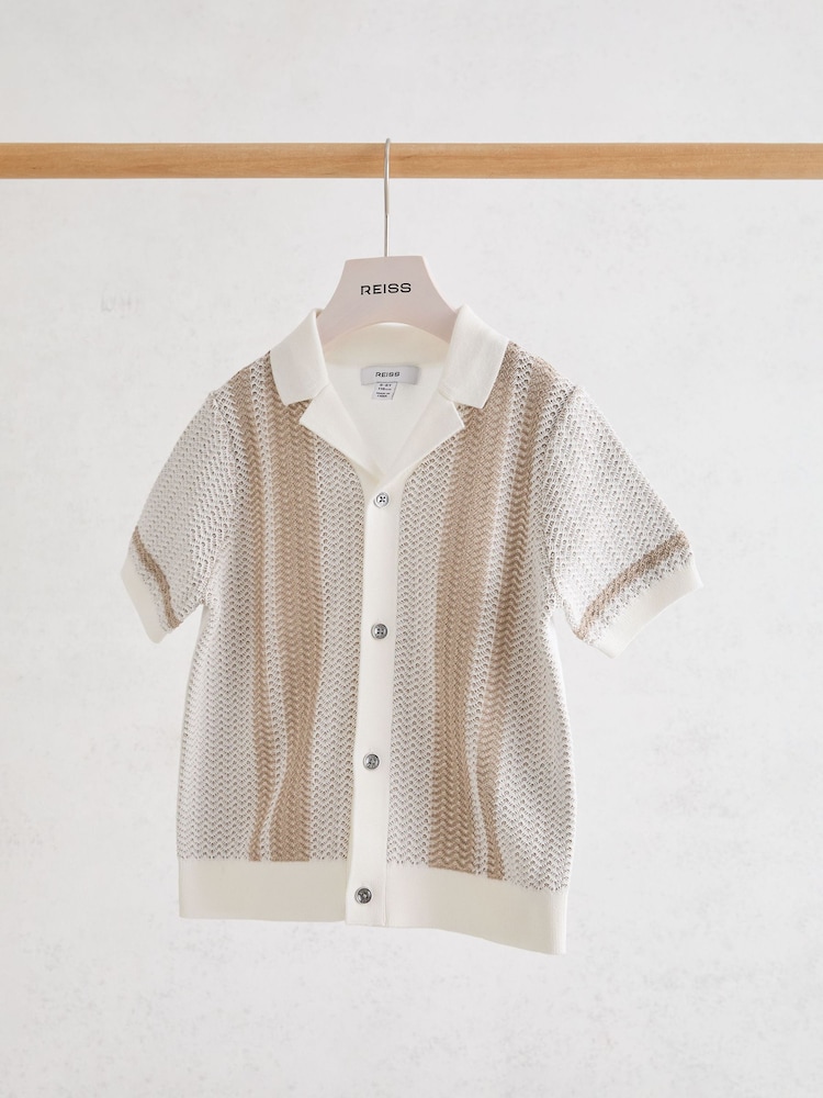 Reiss Off White/Light Camel Victor 13-14 yrs Cotton Textured-Knit Striped Shirt - Image 2 of 3