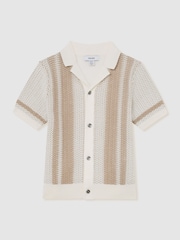 Reiss Off White/Light Camel Victor 13-14 yrs Cotton Textured-Knit Striped Shirt - Image 3 of 3