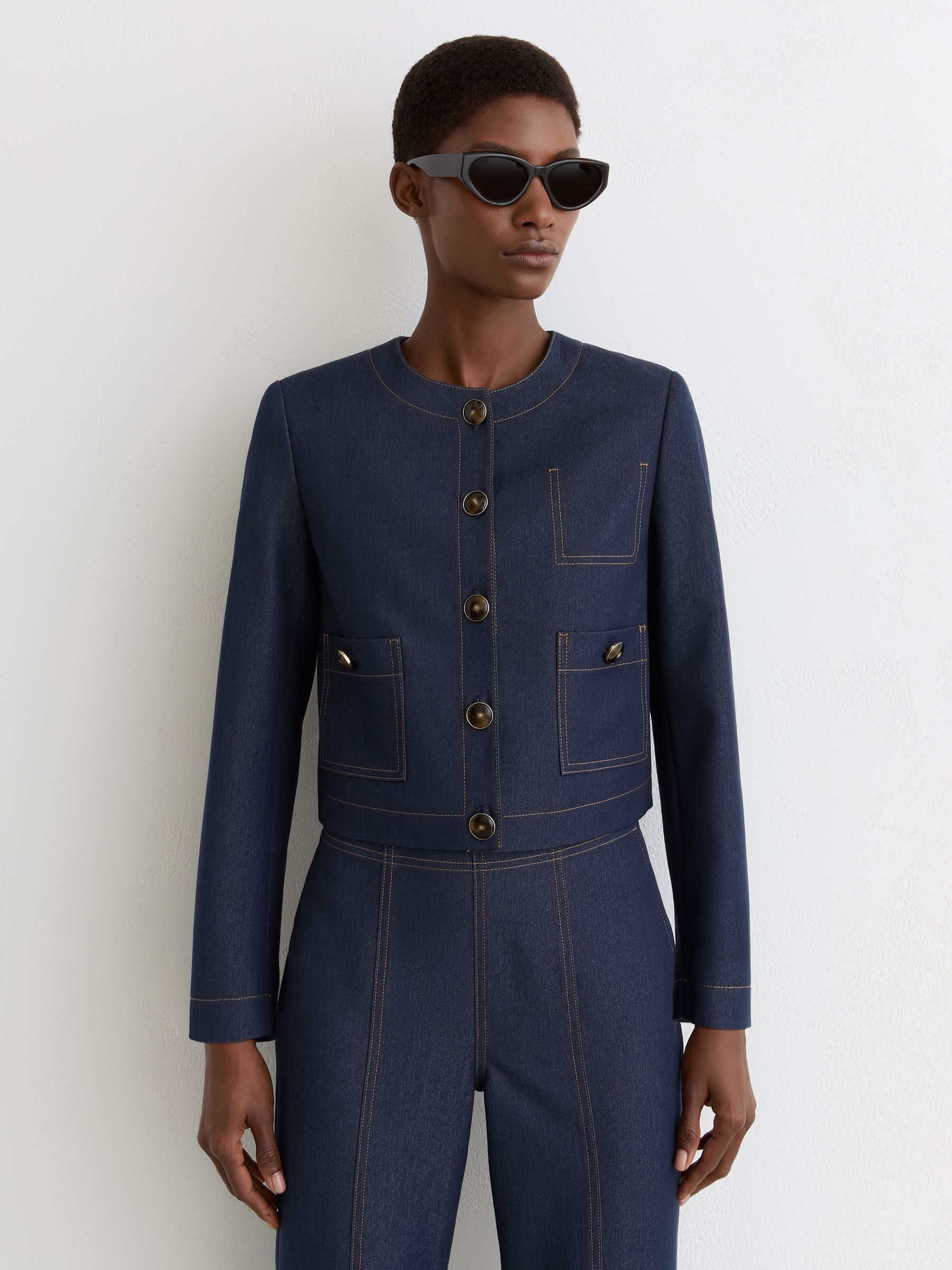 Buy Reiss Dark Blue Edie Collarless Denim-Look Cropped Jacket from