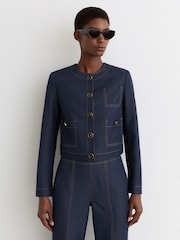 Reiss Dark Blue Edie Collarless Denim-Look Cropped Jacket - Image 1 of 7