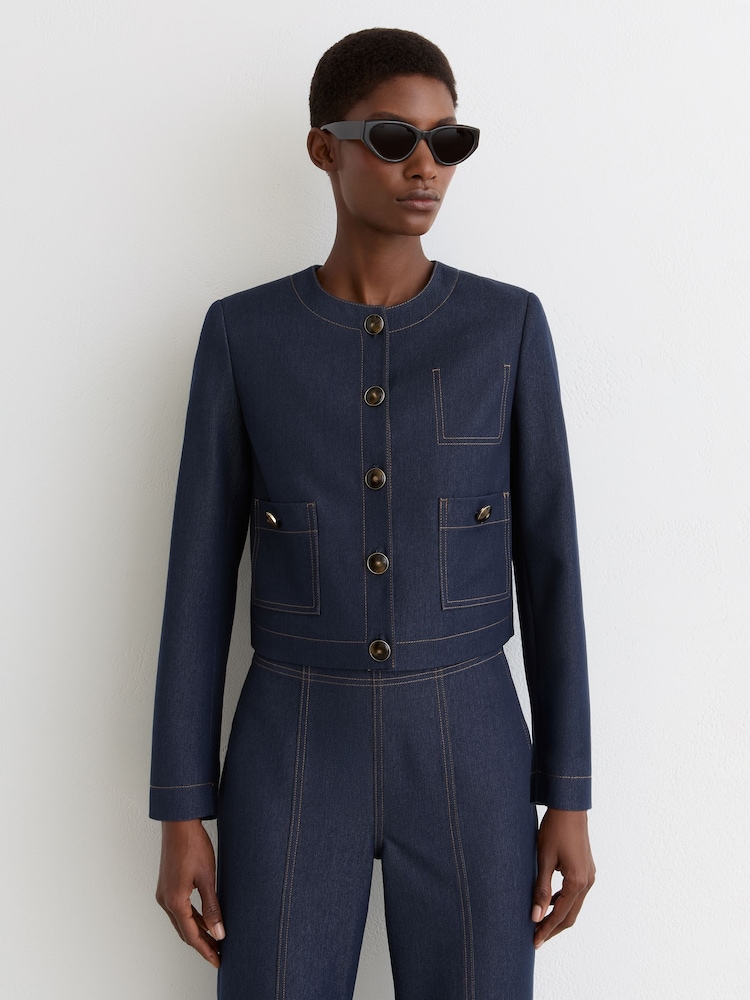 Reiss Dark Blue Edie Collarless Denim-Look Cropped Jacket - Image 1 of 7 Reiss Dark Blue Edie Collarless Denim-Look Cropped Jacket - Image 1 of 7