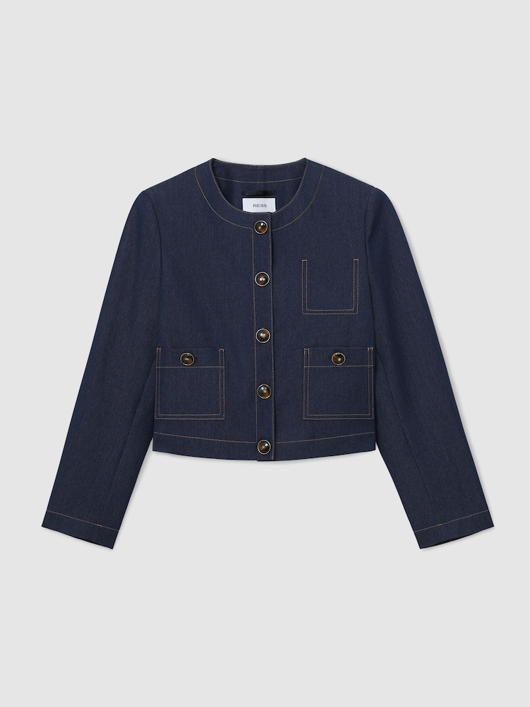 Reiss Dark Blue Edie Collarless Denim-Look Cropped Jacket - Image 2 of 7 Reiss Dark Blue Edie Collarless Denim-Look Cropped Jacket - Image 2 of 7