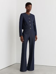 Reiss Dark Blue Edie Collarless Denim-Look Cropped Jacket - Image 3 of 7