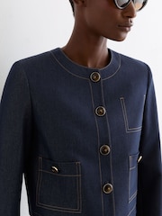 Reiss Dark Blue Edie Collarless Denim-Look Cropped Jacket - Image 4 of 7