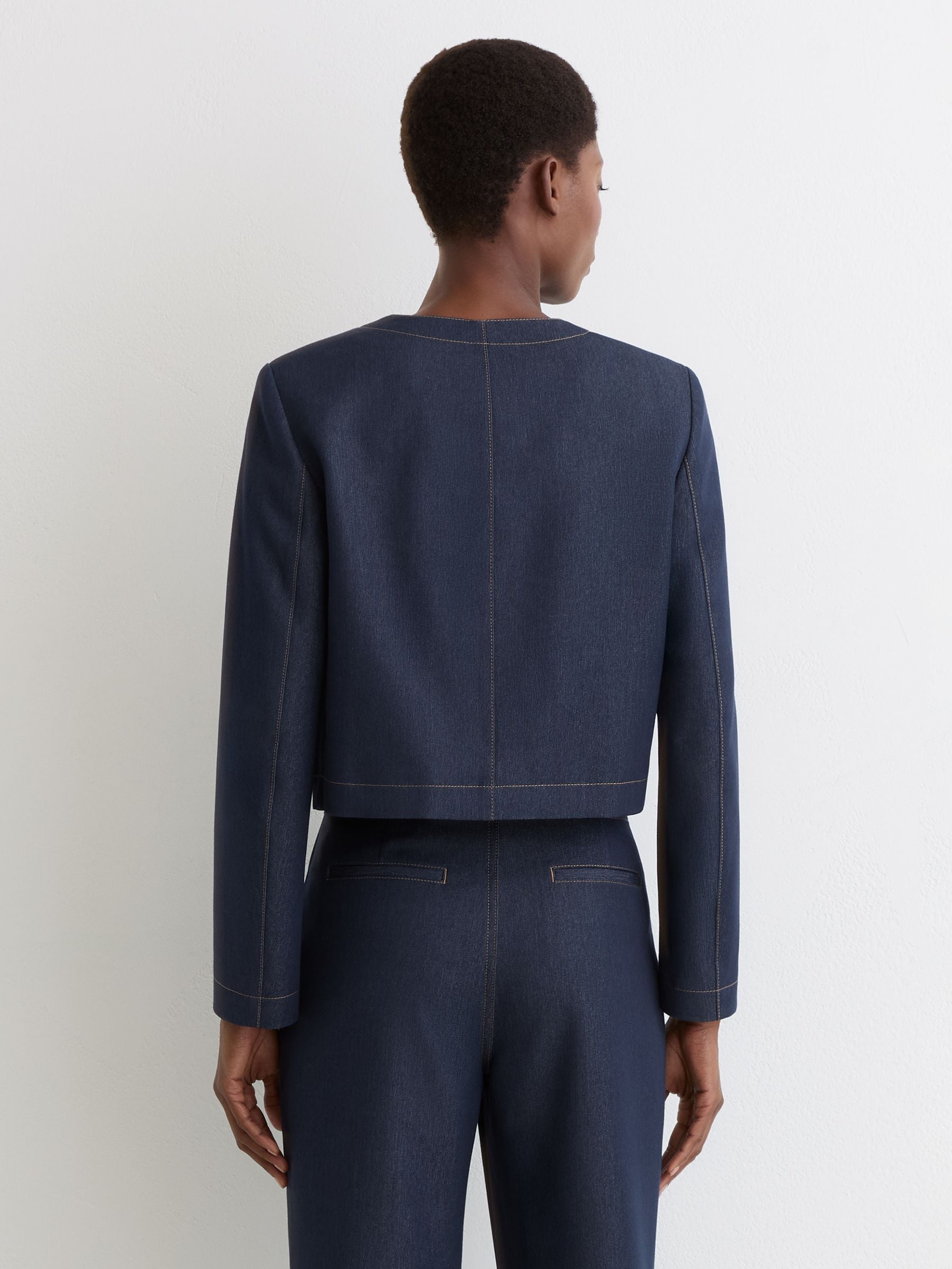 Buy Reiss Dark Blue Edie Collarless Denim-Look Cropped Jacket from