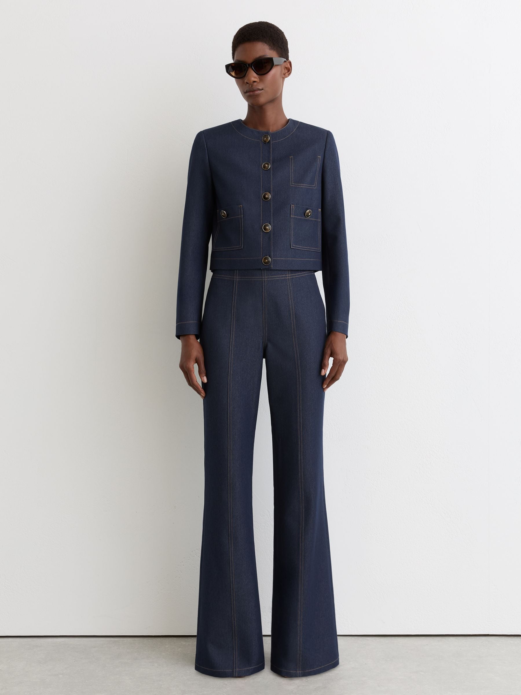 Buy Reiss Dark Blue Edie Collarless Denim-Look Cropped Jacket from