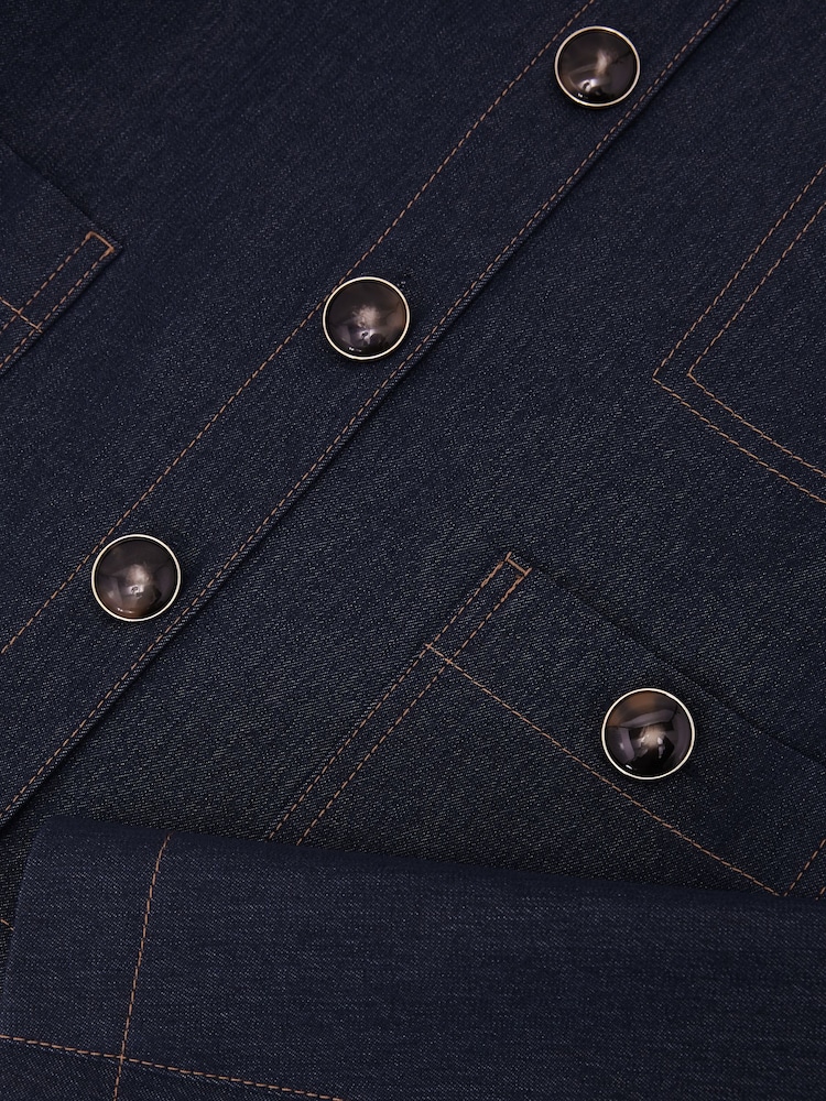 Reiss Dark Blue Edie Collarless Denim-Look Cropped Jacket - Image 7 of 7 Reiss Dark Blue Edie Collarless Denim-Look Cropped Jacket - Image 7 of 7