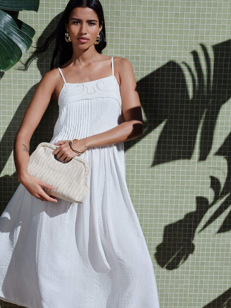 White Pintuck Foldover Midi Summer Dress - Image 1 of 5