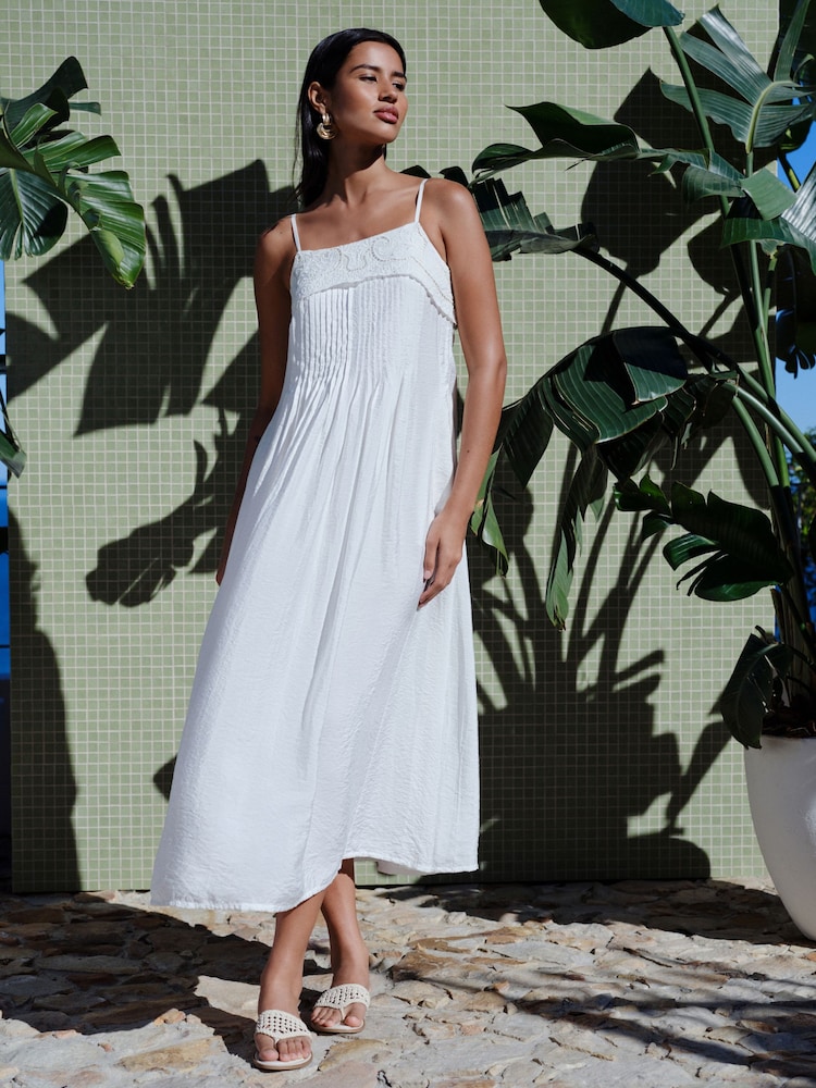 White Pintuck Foldover Midi Summer Dress - Image 2 of 5