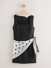 Black/White Polka Dot Scarf Square Neck Mini Shift Dress - Image 1 of 3