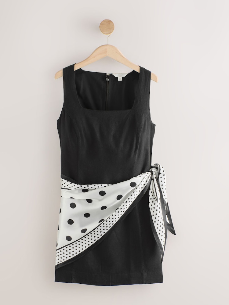 Black/White Polka Dot Scarf Square Neck Mini Shift Dress - Image 1 of 3