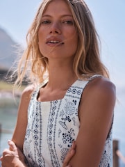 White/ Blue Tile Print Linen Rich Square Neck Shift Mini Dress - Image 4 of 8