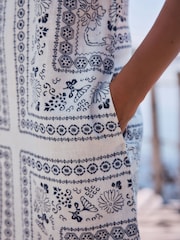 White/ Blue Tile Print Linen Rich Square Neck Shift Mini Dress - Image 5 of 8