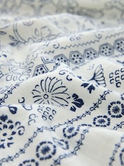 White/ Blue Tile Print Linen Rich Square Neck Shift Mini Dress - Image 7 of 8