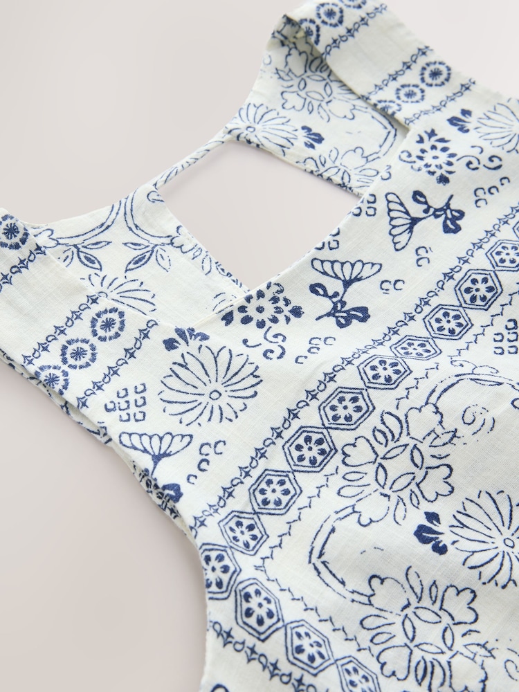 White/ Blue Tile Print Linen Rich Square Neck Shift Mini Dress - Image 8 of 8