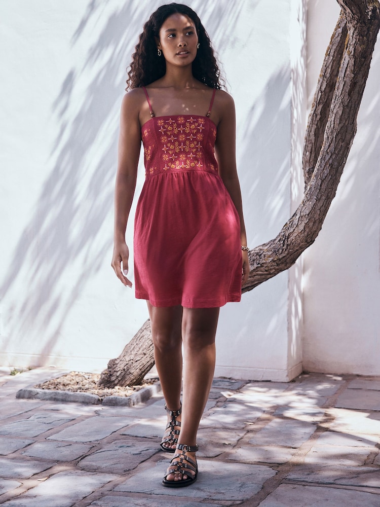Pink Beaded Detail Strappy Embroidered Mini Summer Dress - Image 2 of 8