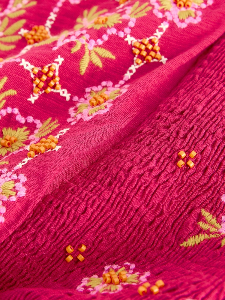 Pink Beaded Detail Strappy Embroidered Mini Summer Dress - Image 8 of 8