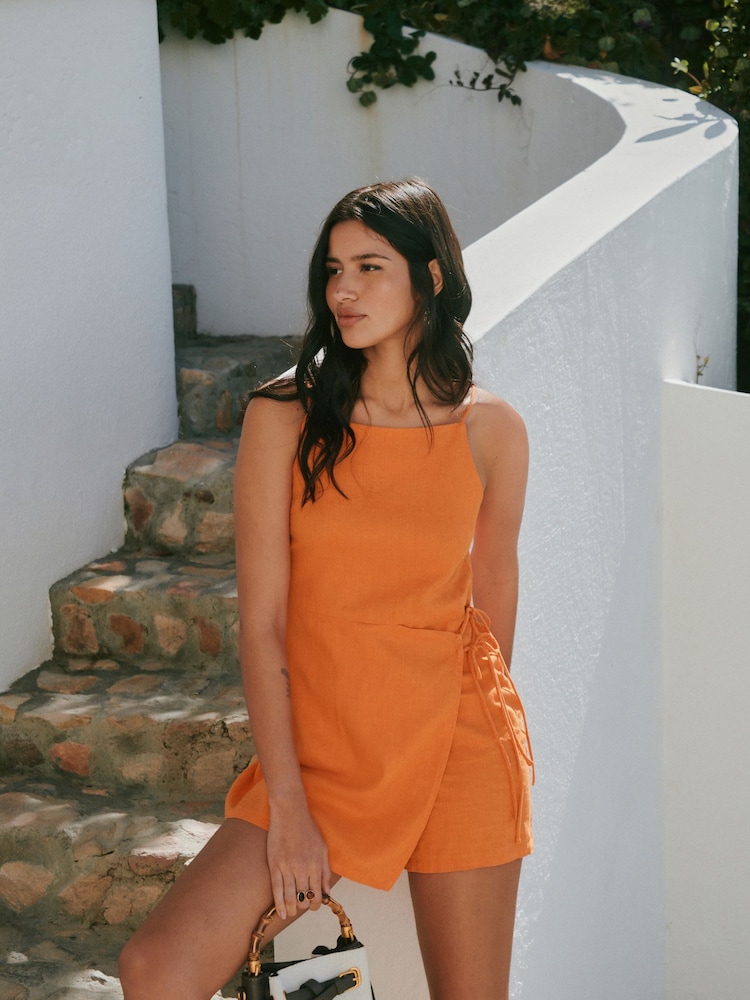 Orange Linen Rich Wrap Skort Playsuit - Image 1 of 3