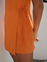 橙色 - 亚麻 Rich 裹身裙裤连体短裤 - 图片6 / 9