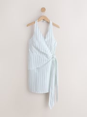 Green/Ecru Stripe Halter Scarf Mini Summer Dress - Image 1 of 3