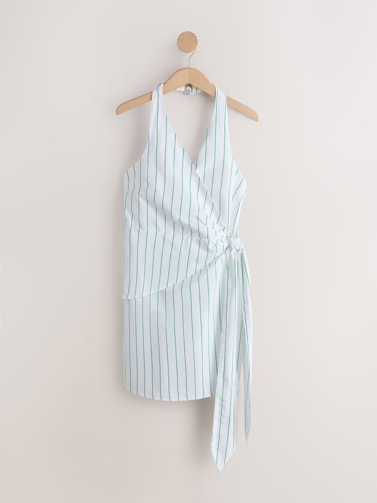 Green/Ecru Stripe Halter Scarf Mini Summer Dress - Image 1 of 3