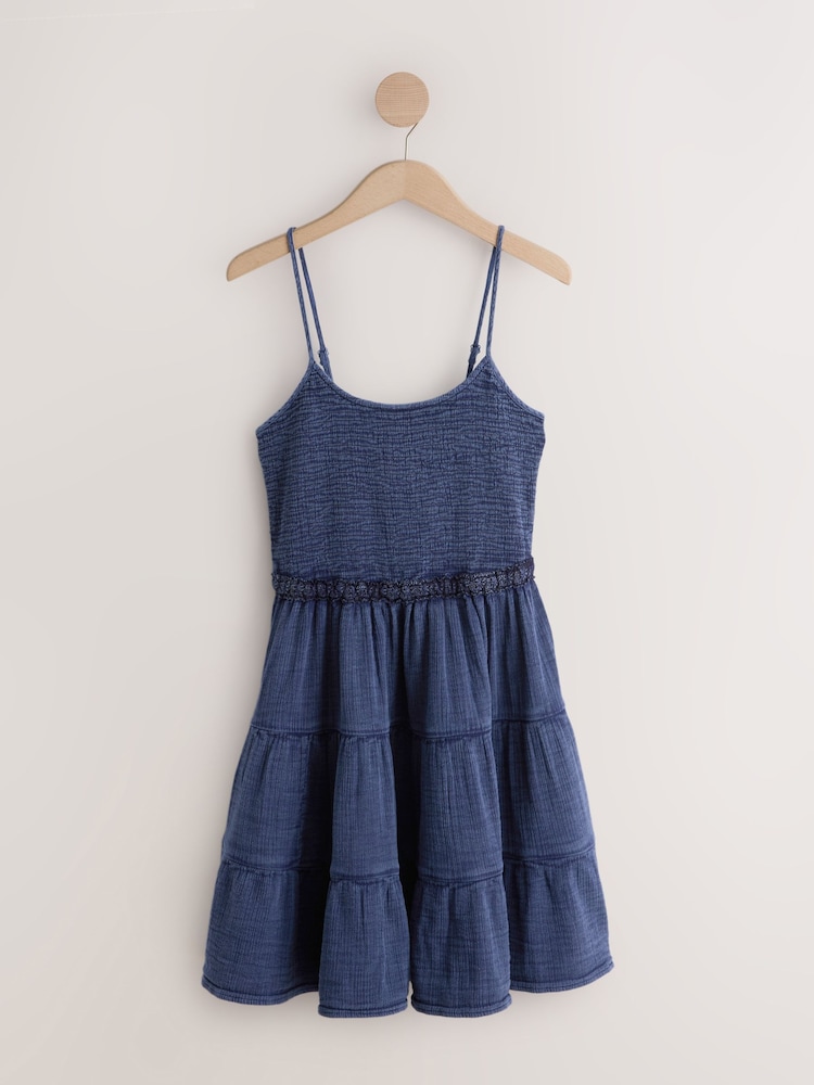 Blue Strappy Mini Tiered Dress - Image 1 of 3 Blue Strappy Mini Tiered Dress - Image 1 of 3
