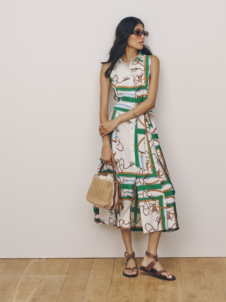 Impression verte - Robe mi-longue dos nu ceinturée - Image 1 de 7