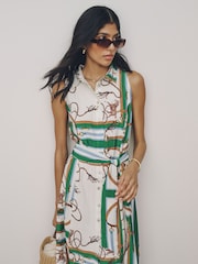 Impression verte - Robe mi-longue dos nu ceinturée - Image 3 de 7