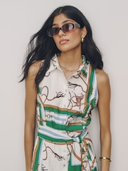 Impression verte - Robe mi-longue dos nu ceinturée - Image 4 de 7