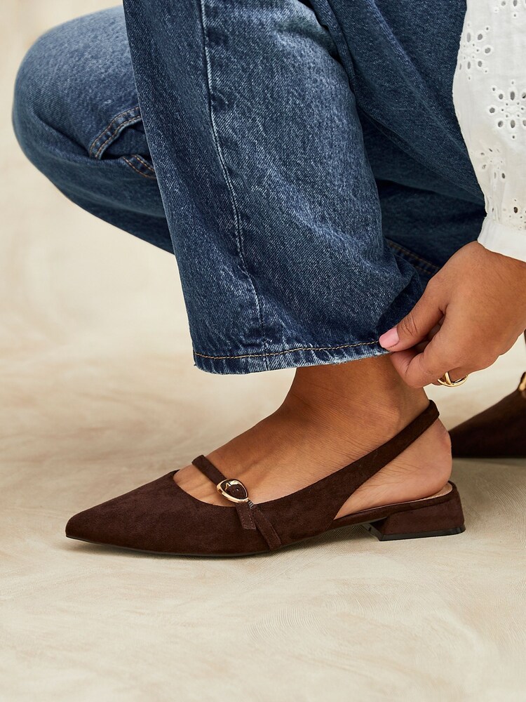 Linzi Brown Align Pointed Toe Ballet Flats With Buckle Detail - Image 1 of 5