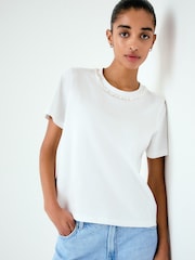 White Embellished Pearl Trim Short Sleeve Crew Neck T-Shirt - Image 1 of 7
