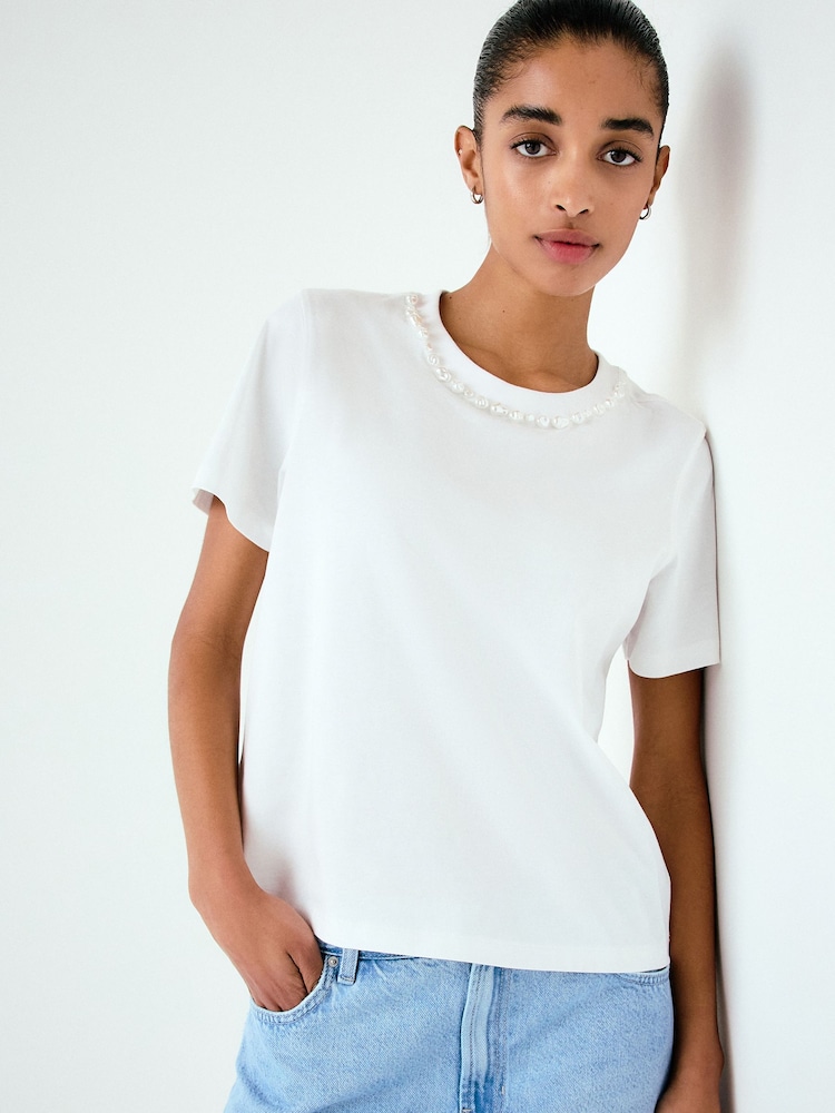 White Embellished Pearl Trim Short Sleeve Crew Neck T-Shirt - Image 1 of 7
