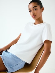 White Embellished Pearl Trim Short Sleeve Crew Neck T-Shirt - Image 2 of 7