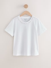 White Embellished Pearl Trim Short Sleeve Crew Neck T-Shirt - Image 5 of 7