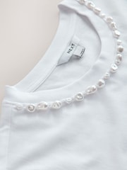 White Embellished Pearl Trim Short Sleeve Crew Neck T-Shirt - Image 6 of 7