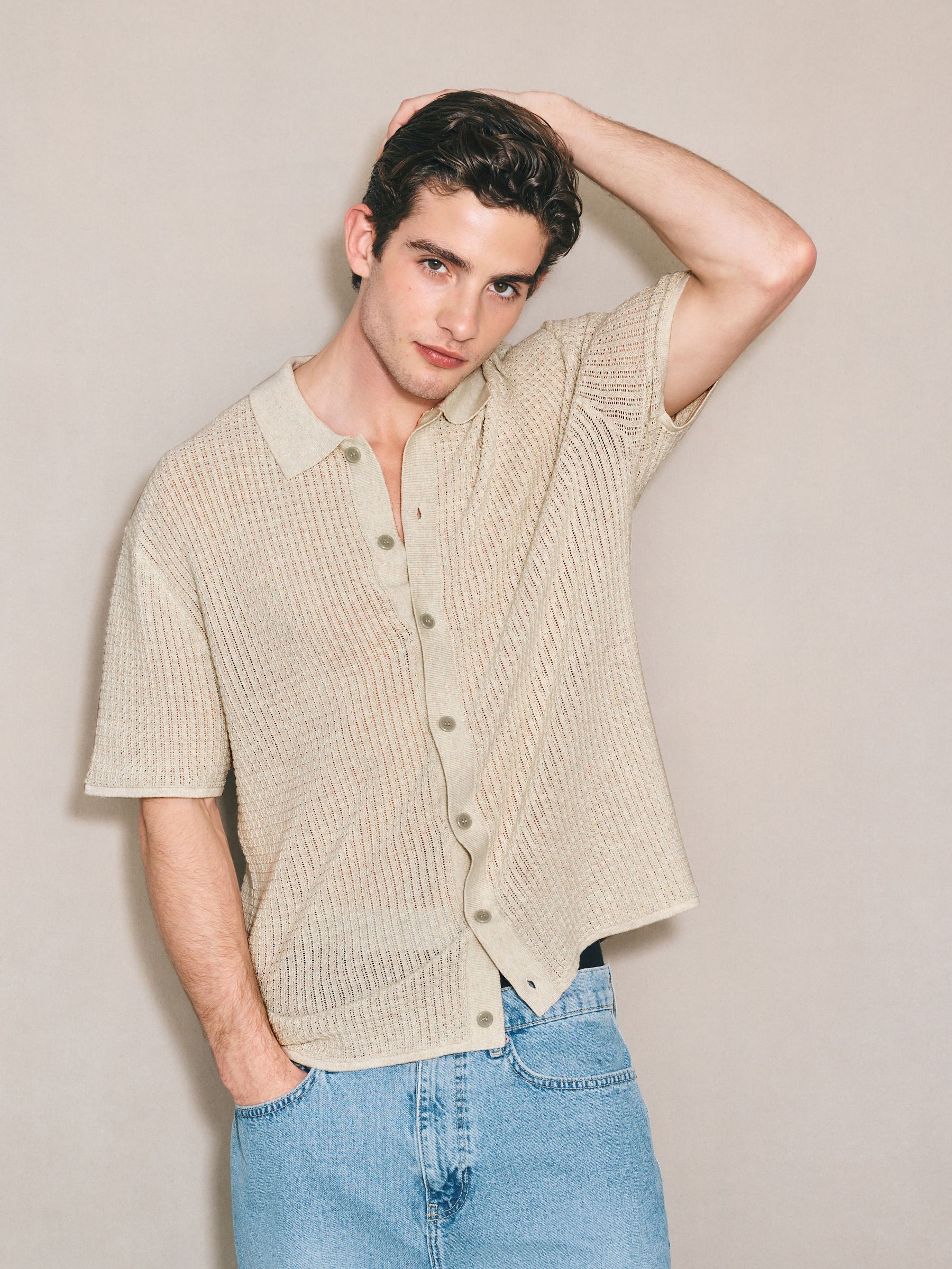 Buy Ecru Relaxed Fit Edit Short Sleeve Cotton Rich Pointelle Shirt