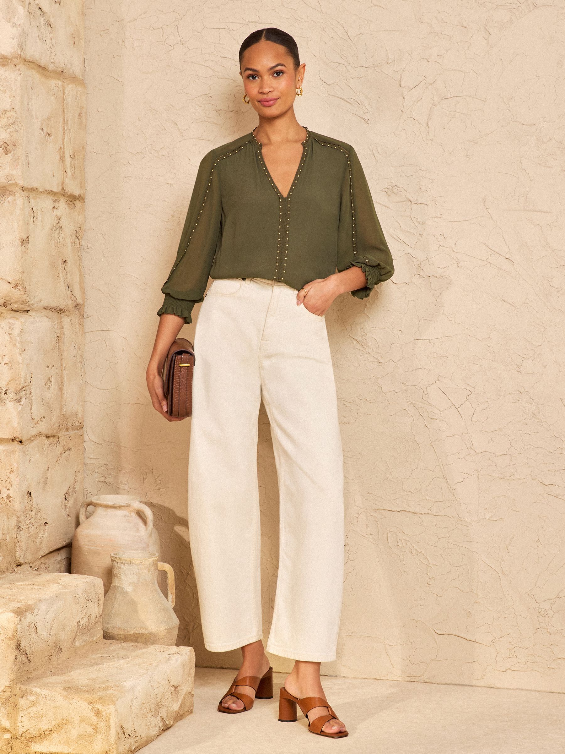 Buy Love & Roses Khaki Green V-Neck Hardware 3/4 Sleeve Blouse