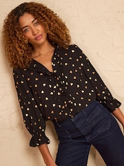Love & Roses Black Metallic Heart 3/4 Sleeve Frill Cuff Blouse - Image 1 of 4