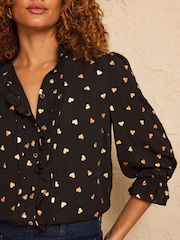 Love & Roses Black Metallic Heart 3/4 Sleeve Frill Cuff Blouse - Image 2 of 4