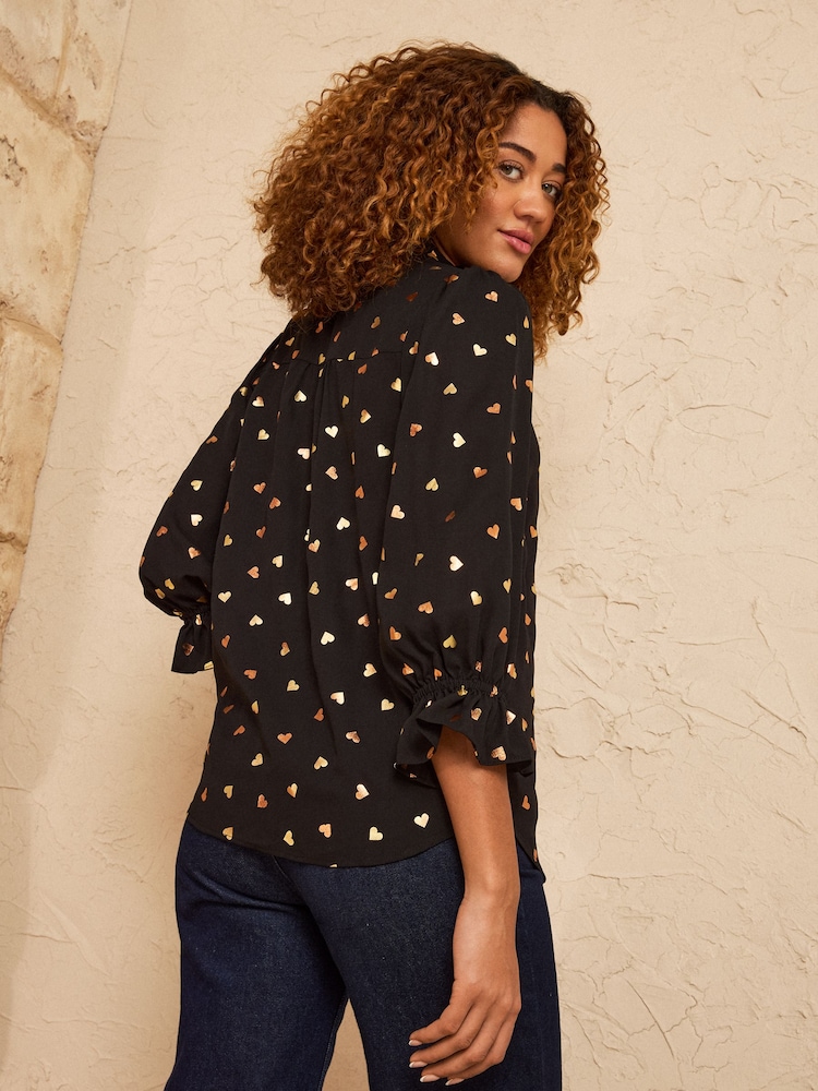 Love & Roses Black Metallic Heart 3/4 Sleeve Frill Cuff Blouse - Image 4 of 4