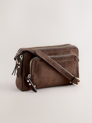 Chocolate Brown Double Zip Cross Body Bag - Image 1 of 5
