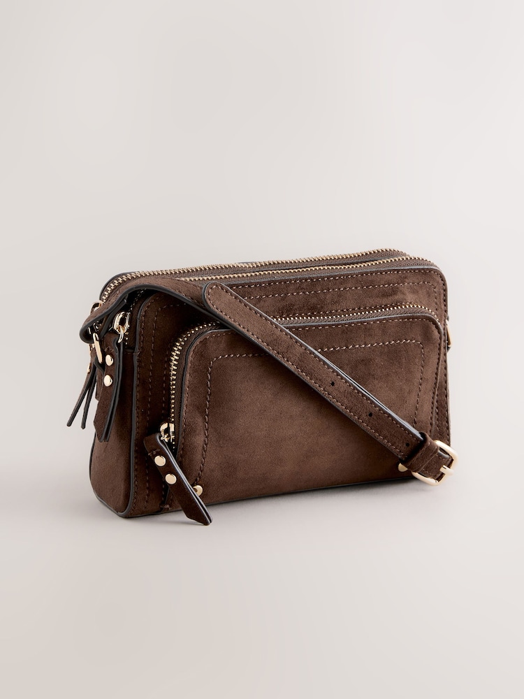 Chocolate Brown Double Zip Cross Body Bag - Image 1 of 5